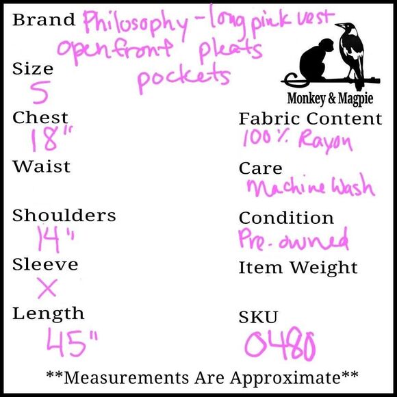 Philosophy Women's Vest Long Duster Pleated Pink Pockets Open Front Boho Small - Picture 11 of 11